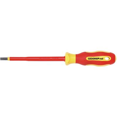 An isolated screwdriver with a red handle, yellow accents and the inscription 'GEDORE red'. Suitable for work on live electrical components.