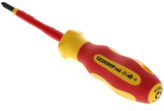 A red and yellow screwdriver with an insulated handle, suitable for electrical work, with the inscription 'GEDORE red GS'.