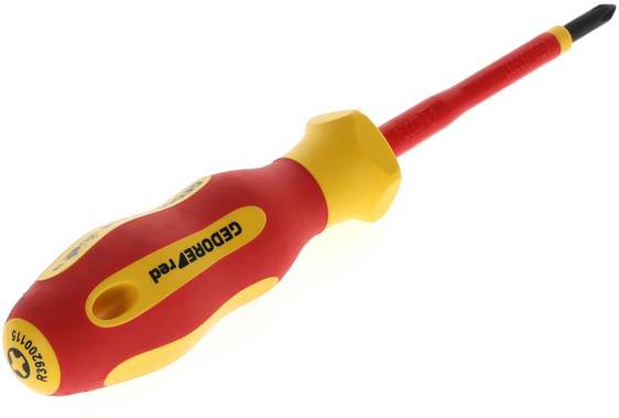 An isolated screwdriver with a red handle and yellow protection. Suitable for work on electrical devices.