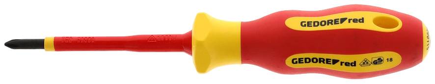 A red and yellow screwdriver with an insulated handle, suitable for electrical work. Marking: 'GEDORE red'.