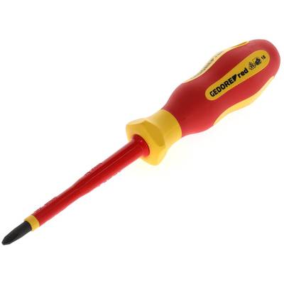 A red and yellow screwdriver with an insulated handle, suitable for electrical work. Brand name visible on the handle.