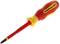 A red and yellow screwdriver with an insulated handle, suitable for electrical work. Brand name visible on the handle.
