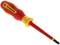 A red and yellow cross-head screwdriver lies diagonally, with an ergonomic handle and insulated tip.