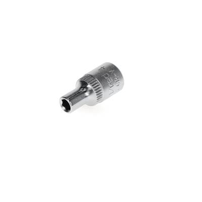 Metallic socket with a round opening and knurling at the handle end.