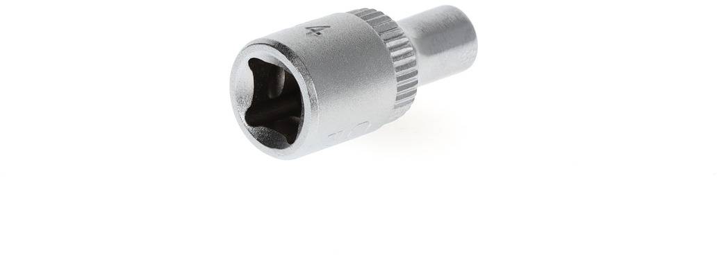 Metallic socket with a special internal profile for torque transmission, suitable for use with a drive tool.