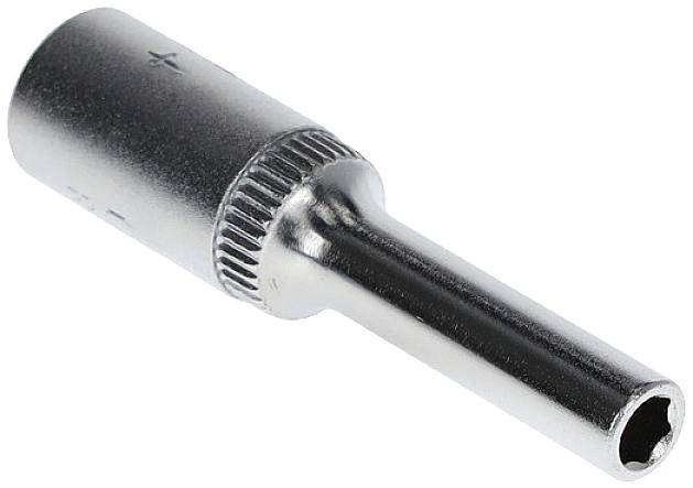 Metal socket wrench insert with hexagonal opening and knurled grip. Suitable for securely fastening screws.
