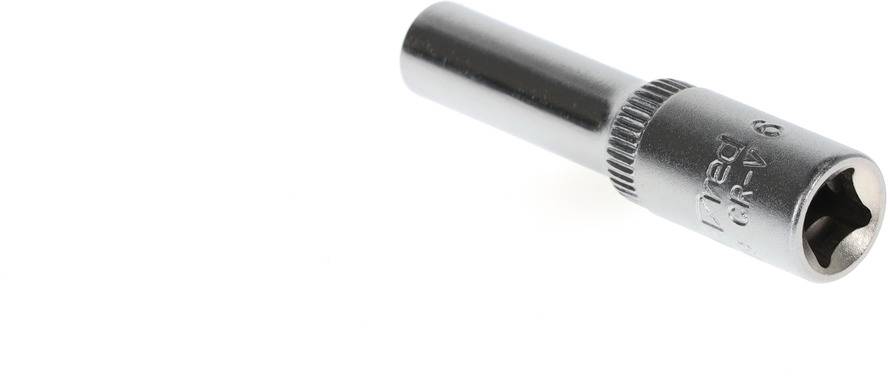 A silver hexagonal socket spanner with a knurled handle, suitable for hexagonal screw heads, lies on a white background.