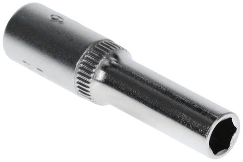 Metallic socket, cylindrically shaped, with a ribbed area for improved grip. Used for screw-related work.