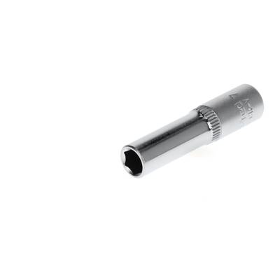 A silver-coloured socket insert with a hexagonal opening lies diagonally on a white background.