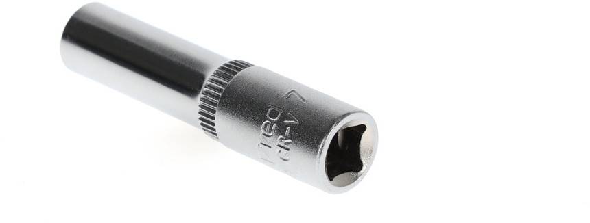 Metal screwdriver bit with a smooth handle and hexagonal end. Ideal for tightening or loosening screws in machinery.