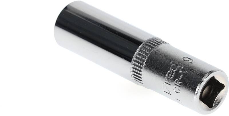 A silver socket extension with a knurled handle, marked with 'CR-V 9'.
