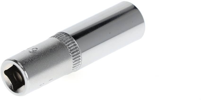 A silver extension socket for spanners, cylindrical in shape, with a non-slip knurled surface to improve grip.