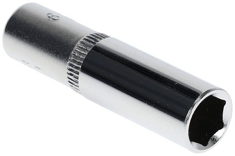 Cylindrical socket wrench, silver in colour. Primary tool for loosening or tightening nuts and bolts.