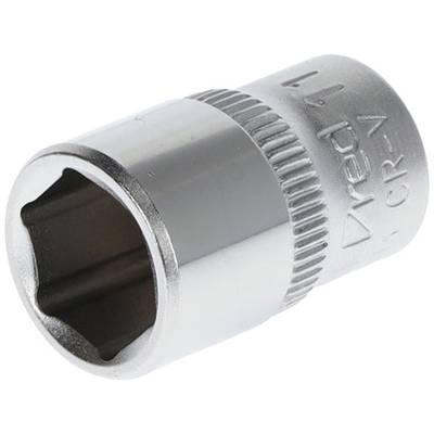 A silver socket extension with a hexagonal metal opening, suitable for use with ratchets or spanners.