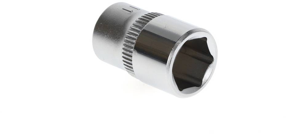 Metal socket, silver-coloured, hexagonal for spanners, isolated against a white background.