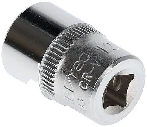A silver socket adaptor with the engraving '12' and 'CR-V', suitable for tools used to fasten or remove screws.