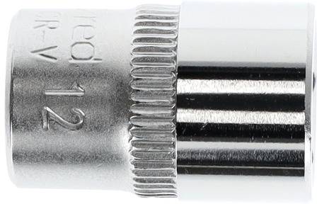Metal socket with the engraving '12 RV', surface polished. Used in tools for tightening or loosening nuts and bolts.