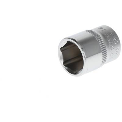 Hexagonal metal socket drive, size clearly engraved on the side. Tool for nuts and bolts.