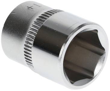A chrome-plated socket attachment with a hexagonal inner surface, suitable for tightening or loosening nuts and bolts.