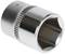 A chrome-plated socket attachment with a hexagonal inner surface, suitable for tightening or loosening nuts and bolts.