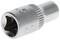 A silver-coloured socket attachment, hexagonal in shape, with a knurled surface and size markings engraved on the side.