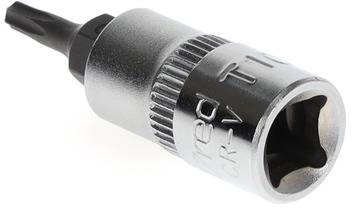 Metallic T-piece screw-on attachment with a knurled grip.