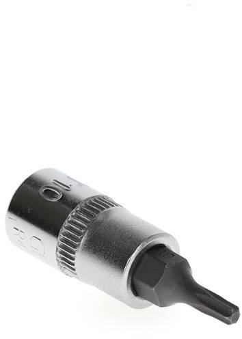 A Torx screwdriver bit made of metal with a knurled ring, suitable for use with a socket or a ratchet tool.