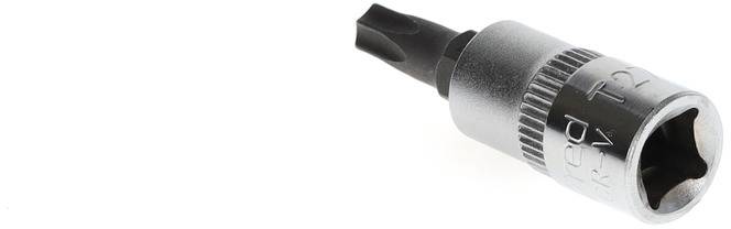 A Torx bit, secured to a socket adaptor, lies on a white surface. The bit is black, the adaptor silver.