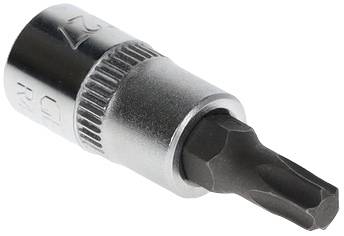 Socket with bit receptacle, T-profile. Metallic tool accessory, suitable for specific screw types in mechanical engineering.