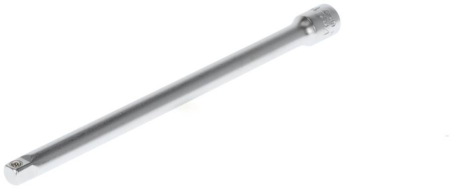 A silver metal extension bar used for socket wrenches; cylindrical and long, with a square end.