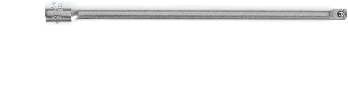 Long chrome-plated socket extension bar with a square end for attachment.