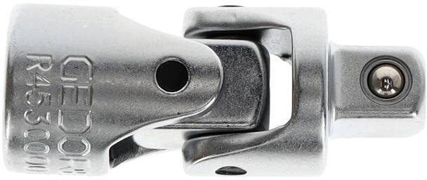 Metallic joint piece inscribed with 'GEDORE'. Connects tools for flexible working at various angles.