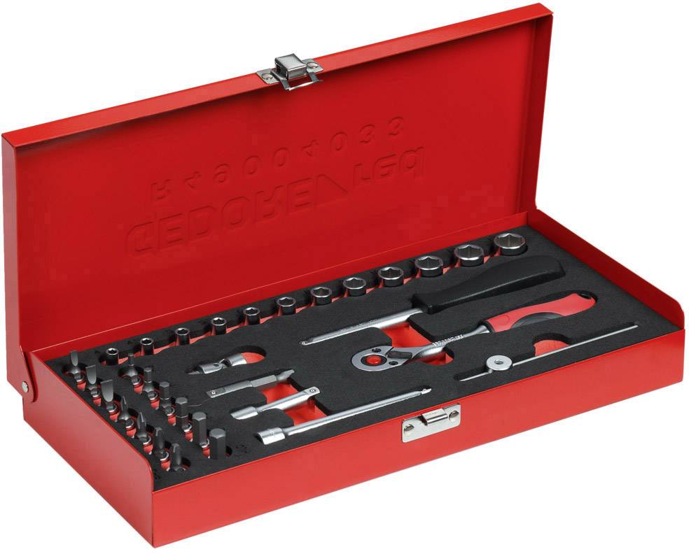 Red toolbox with open lid, containing various tools such as spanners, pliers, and socket wrenches.