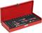 Red toolbox with open lid, containing various tools such as spanners, pliers, and socket wrenches.