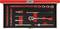 An open toolbox with various socket tools, a ratchet and screwdrivers in a black inlay within a red box.