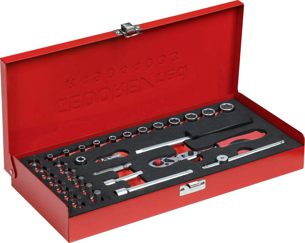 Red toolbox with open lid, containing a selection of socket wrenches and tools in foam insert, neatly arranged.