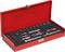 Red toolbox with open lid, containing a selection of socket wrenches and tools in foam insert, neatly arranged.