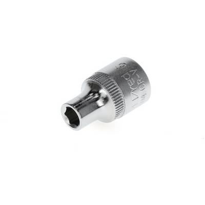 'Metal socket for spanner, silver-coloured, with hexagonal opening and ridged edge for improved grip.'
