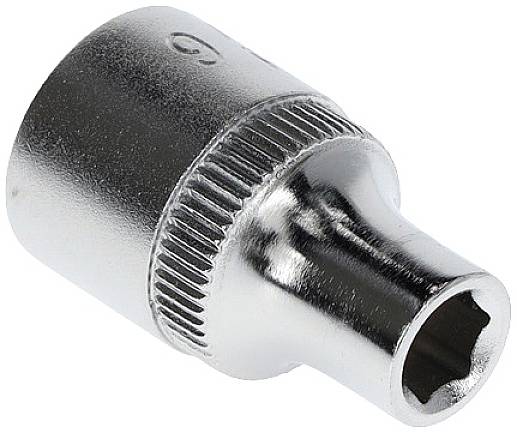 Silver-coloured metallic socket, with a bright sheen and hexagonal opening, used for tightening or loosening nuts and bolts.