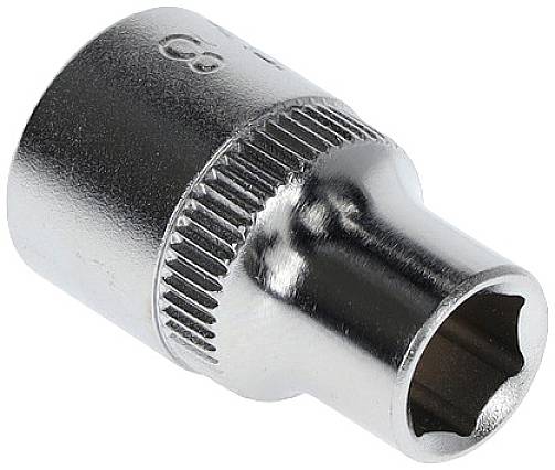 A gleaming hexagonal socket made of metal, likely intended for use with a ratchet or spanner.