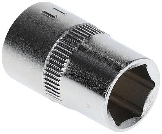 Metal socket insert, silver-coloured, hexagonal opening. Used for securing nuts and bolts.