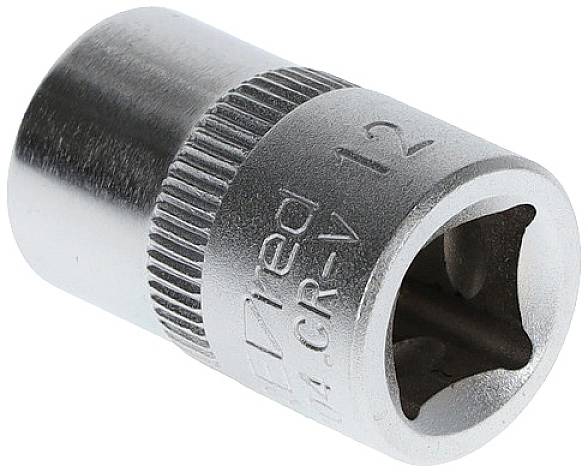 Metal socket tool attachment with '12' imprint and knurled grip area, used for tools, cylindrical in shape.