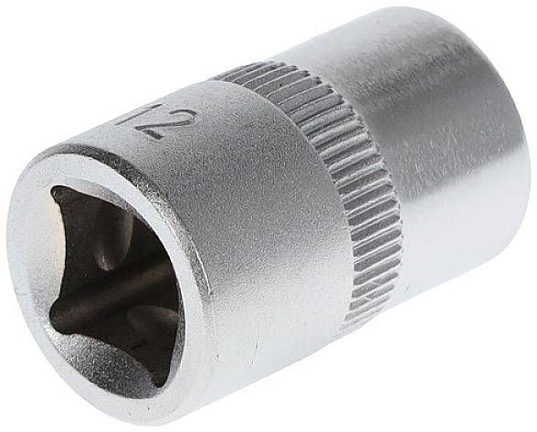 Metal socket for ratchet spanner, star-shaped inner surface, outer ridges for improved grip.