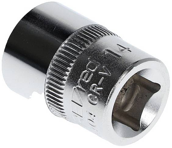 Metal socket wrench with '14' stamped on the side. Used for tightening or loosening screws with a matching square drive.