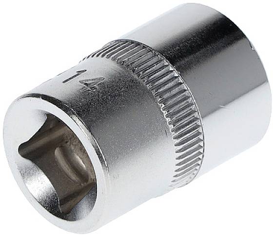 Polished metallic socket with hexagonal internal profile, smooth finish, with lateral knurling for improved grip.