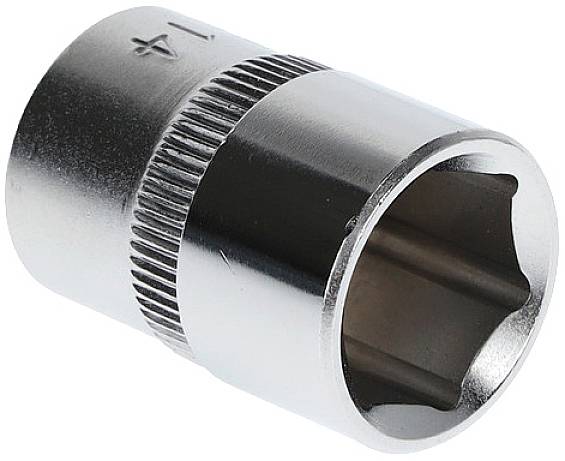 Hexagonal metal socket insert, shiny and cylindrical. Used for screw and nut assembly.