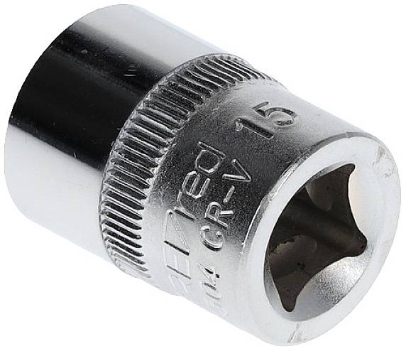 Hexagonal screw head, made of shiny metal, with '15' embossed marking. Suitable for spanner use and mechanical work.