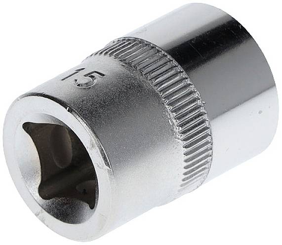 A silver socket extension with a size 15, shown in profile view, with a serrated edge for improved grip.