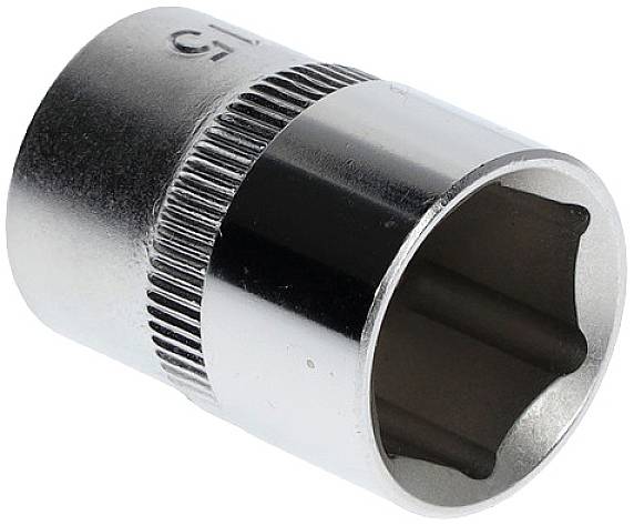 Metal socket wrench with a hexagonal opening and a knurled grip section. Ideal for mechanical work.