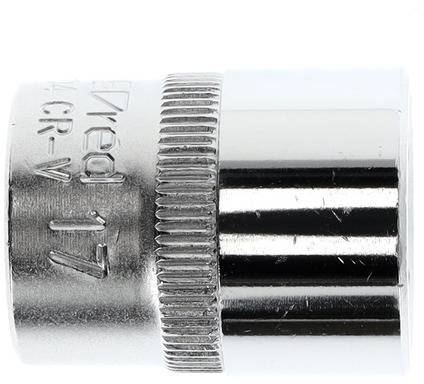 Chrome-plated socket insert marked with '17' on the side, used for loosening or tightening nuts and bolts.